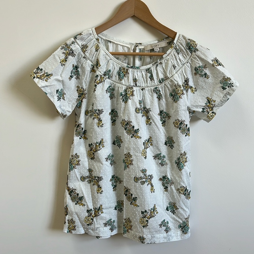-Loft Blue Green Floral Print Short Sleeve Blouse XS